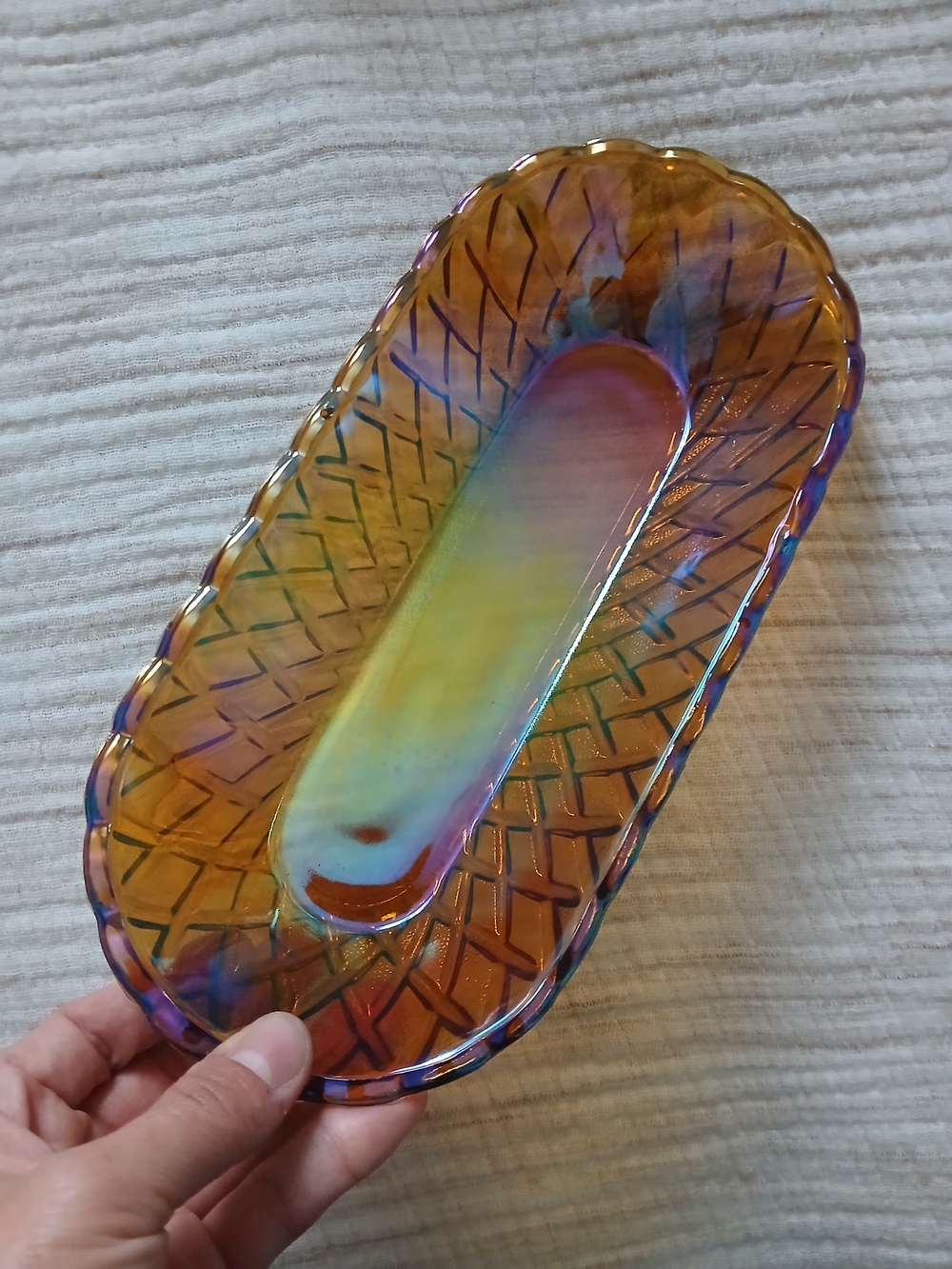 Vintage Iridescent Carnival Glass Amber Relish Dish